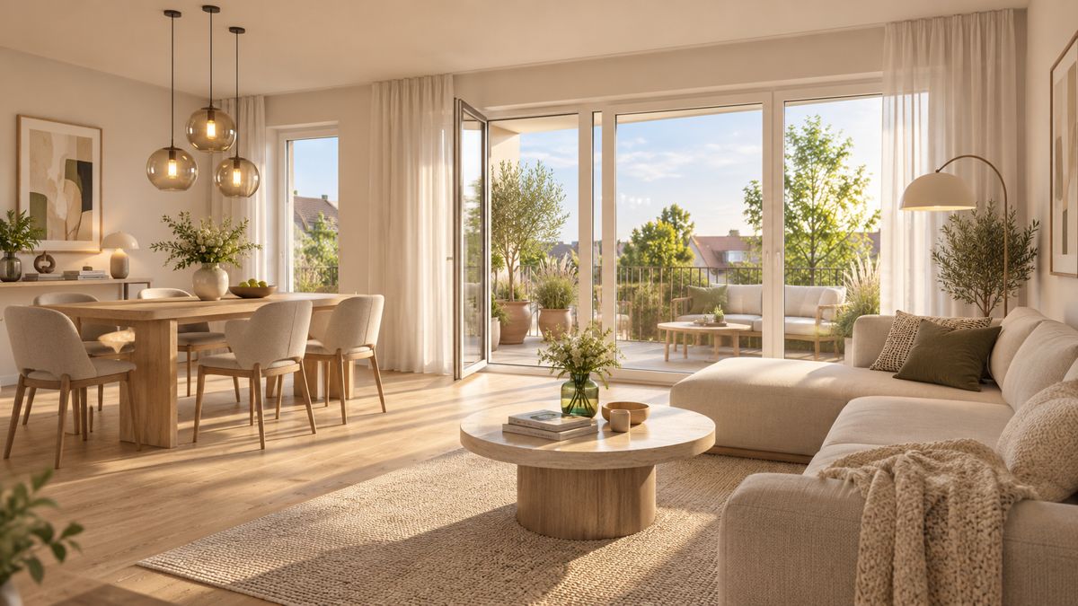 Visualisierung eines hellen Wohnzimmers mit Essbereich und Balkon